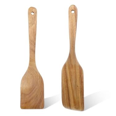 Imagem de 2 espátulas de madeira para utensílios de cozinha, espátula de madeira de cabo longo para panelas antiaderentes, colher, espátula de panqueca, raspador de teca natural, conjunto de utensílios de