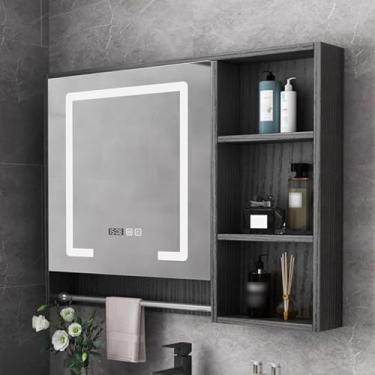 Imagem de Armário de remédios de LED para banheiro com luz e espelho, armário antiembaçamento montado na parede, armazenamento inteligente com rack aberto e barra de toalha, exibição de tempo e temperatura