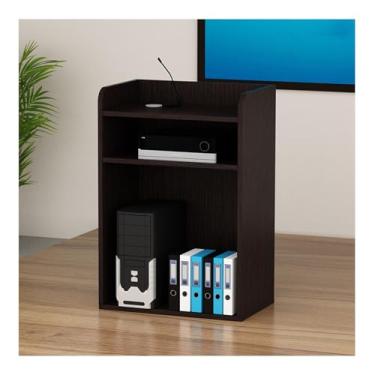 Imagem de Suporte de pódio móvel com rodízios e gavetas - Púlpito multifuncional para igrejas, salas de aula, casamentos e conferências - Acabamento em teca, solução de recepção no chão