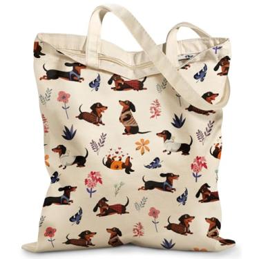 Imagem de Miss Adola Sacola feminina de lona – Lindas bolsas de lona com zíper design estético, sacolas reutilizáveis para compras, trabalho, viagens, férias diárias, dachshund colorido