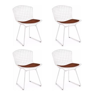 Imagem de Kit 4 Cadeiras Bertoia Branca Com Assento Marrom