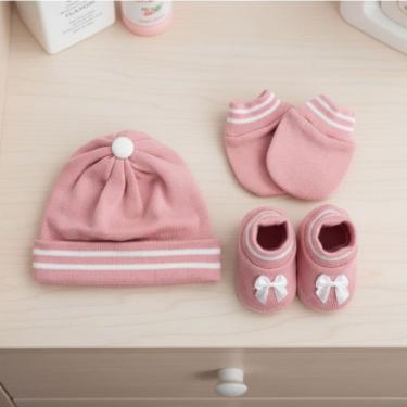 Imagem de Kit Sapatinho + Luva + Touca de Tricot Rosa 0 a 3 meses Saída de Maternidade Fio de Amor Baby