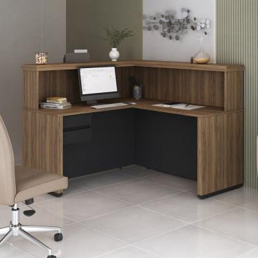Imagem de Balcão para Atendimento Recepção em L com 2 Gavetas 147,7x147,7cm Nogal/Preto