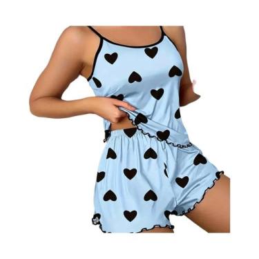 Imagem de Conjunto De Pijamas Femininos Com Estampa De Coração Azul, Confortável