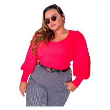 Imagem de Blusa de Tricot Plus Size Manga Bufante Frio Gola V Modal - PLUS MESMO