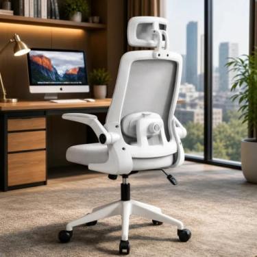 Imagem de BlidShop Cadeira de Escritório Ergonômica, Suporte 120kg, Ajuste Lombar, Apoio de Cabeça, Tela Mesh Premium, Giratória, Home Office (Branca e Cinza)