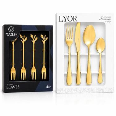 Imagem de Conjunto Faqueiro + Kit Garfo Aperitivos Dourado 28pçs Inox - Wolff