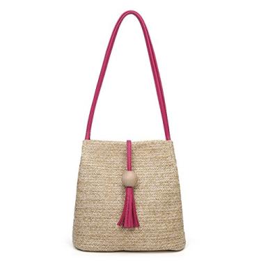 Imagem de QZUnique Bolsa de ombro feminina de palha de verão bolsa sacola de palha bolsa de mão de tecido com borla, Rose Red, One Size
