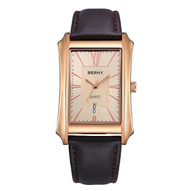 Imagem de BERNY Relógios masculinos masculinos casuais de quartzo com caixa de aço inoxidável com pulseira de couro retangular para homens (preto, branco, cinza, ouro rosa), Ouro rosa, Relógios de quartzo