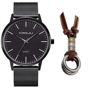 Imagem de Relogio Masculino Social Ultra Fino Preto + Colar Couro