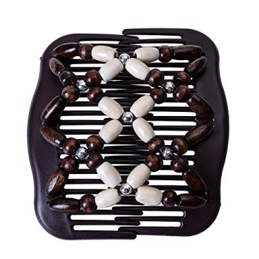 Imagem de Pentes de cabelo femininos mágicos LOVEF com contas de madeira elásticas com clipes duplos laterais para fazer bolinhas acessórios de cabelo, Bege, 11cmx8cm