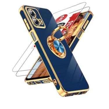 Imagem de LeYi Capa para Motorola Moto G 5G 2023: com protetor de tela de vidro temperado [2 unidades] Suporte magnético giratório de 360°, capa banhada a ouro rosa para Moto G 5G 2023, azul