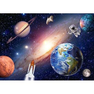 Imagem de YMWQLAL Fundo do espaço sideral para bebês crianças, astronautas foguetes nave espacial planetas fundo, perfeito para decoração de festa de aniversário com tema de galáxia infantil (2,8 x 1,5 m)