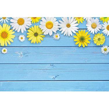 Imagem de Haoyiyi Pano de fundo de parede de madeira azul bebê de 1,5 x 0,9 m, margarida branca e amarela, fundo fotográfico, chá de bebê, mãe, dia dos namorados, decoração de cartão de felicitações, adereços