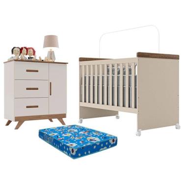 Imagem de Berço Mini Cama Lívia e Cômoda Infantil Retro Maya Off White Carvalho com Colchão Ortob...
