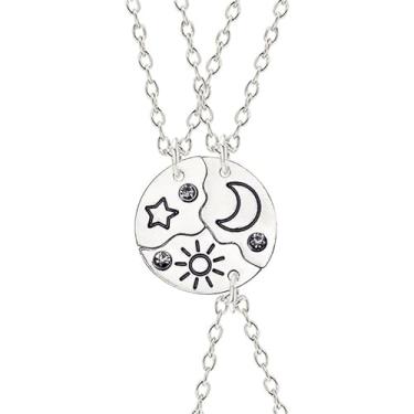 Imagem de Conjunto de 3 colares combinando com quebra-cabeça e lua da amizade, banhado a ouro, prata, círculo redondo crescente, geométrico, melhor amiga, para 3 mulheres, irmãs, filhas, presentes de
