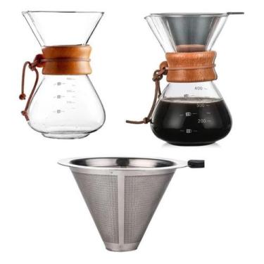 Imagem de Passador De Café Vidro E Coador Inox 350ml Alça Madeira - Mimo Style