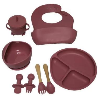 Imagem de Kit Introdução Alimentar Completo para Bebês em Silicone - 10 Peças - Prato Dividido, Tigela com Ventosa, Copo com Canudo, Talheres com Mordedor e Babador Ajustável - Bege