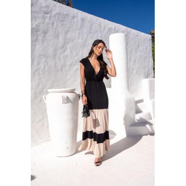 Imagem de Vestido Longo Decote Transpassado Saia Bicolor - luh may, Preto, G