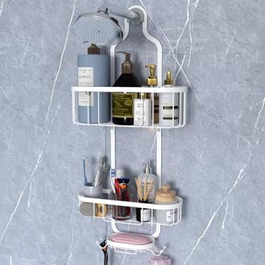 Imagem de Kadolina Suporte de chuveiro suspenso para banheiro, cesta organizadora de chuveiro com ganchos para toalhas, lâmina e esponja, branco