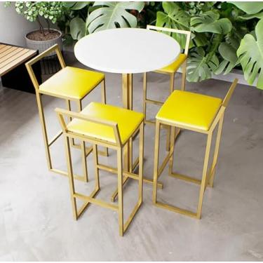 Imagem de Jogo Mesa Alta Bistrô Redonda Branca 4 Banquetas Estofado Confort Industrial Dourado (Amarelo)