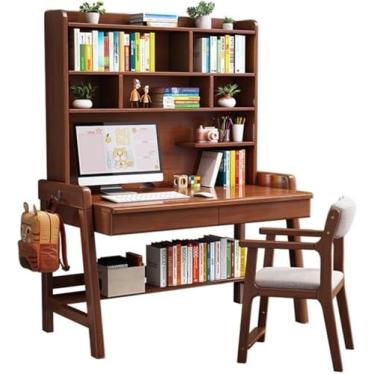 Imagem de Mesa de madeira maciça com estante integrada, ideal para escritório em casa ou quarto (cor: nogueira + cadeira A, tamanho: 120 x 60 x 186 cm), nogueira + cadeira B, 100 x 60 x 186 cm