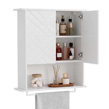 Imagem de Armário de parede de banheiro, armário de remédios sobre vaso sanitário com 2 portas e barra de torre, armário de armazenamento de banheiro montado na parede com prateleiras ajustáveis para cozinha,