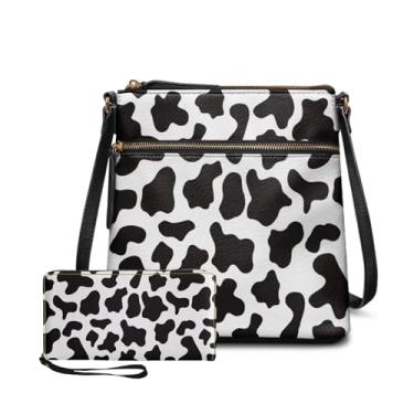 Imagem de FOR U DESIGNS Bolsa tiracolo de couro feminina moderna bolsa de ombro de viagem bolsa de mão com fecho de zíper e conjunto de carteira, Vaca preta e branca