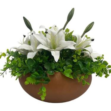 Imagem de Arranjo Grande Centro Mesa Lírio Bran Artificial Vaso Bronze - Decore 