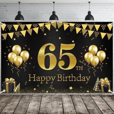 Imagem de JOYKY Faixa de feliz aniversário de 65 anos, decorações de festa de aniversário de 65 anos em ouro preto para homens e mulheres para ela, decoração de pano de fundo, 15 x 9 metros