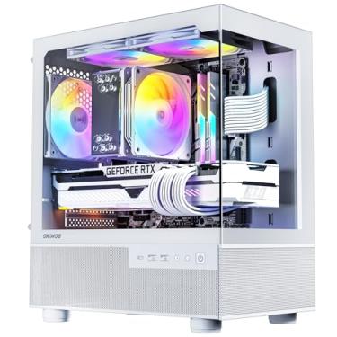 Imagem de Okinos Aqua 3, capa micro ATX, capa para PC MATX com ventilador ARGB de 3 pinos de 3 pinos pré-instalado, painel frontal e lateral de vidro temperado com vista panorâmica, com porta tipo C, branco
