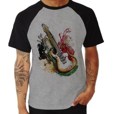 Imagem de Camiseta Raglan Guitarra Reggae - Foca na Moda, Cinza, Preto, GGG