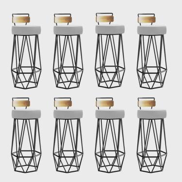 Imagem de Kit 08 Banqueta Com Encosto Botti Hexágono Cozinha Peroba Rosa Ferro Preto Suede Branco - Ahz Móveis