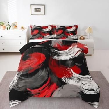 Imagem de Feelyou Conjunto de edredom solteiro cinza vermelho, geométrico, listrado, abstrato, decoração de quarto, arte gráfica geométrica, moderna, edredom acolchoado