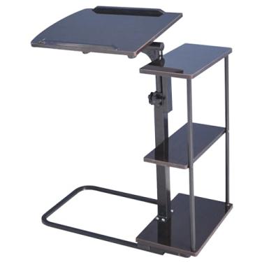 Imagem de Mesa de cama, mesa sobre a cama com rodas, rack de armazenamento de três níveis, mesa para laptop, para computador, parte superior inclinada, perna dobrável com gaveta de altura ajustável, mesa móvel