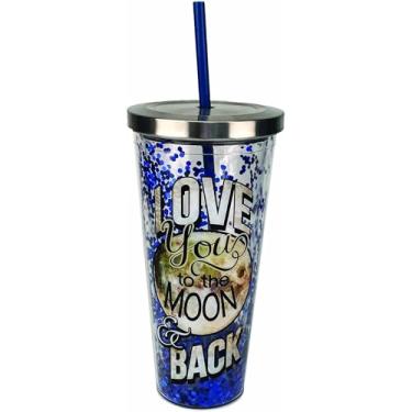 Imagem de Spoontiques - Copo de acrílico preenchido com glitter – Copo com glitter com canudo – 590 ml – Tampa de bloqueio de aço inoxidável com canudo – Parede dupla isolada – Livre de BPA – Lua e costas