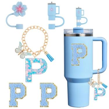 Imagem de Acessórios de copo para Stanley Cup 850.5 g 1,134.0 g, decoração de iniciais de copo para Stanley, incluindo tampa de palha de silicone, pingente de alça, adesivo, azul, 5 peças (P)