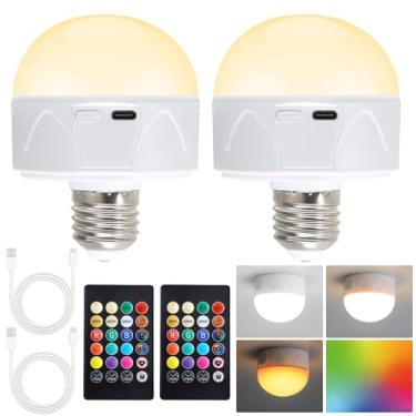 Imagem de AUXRAM Pacote com 2 lâmpadas LED recarregáveis com controle remoto, lâmpadas operadas por bateria de 2600 mAh com 3000K/4000K/5000K 9 cores RGB, lâmpadas de emergência para acampamento, luzes