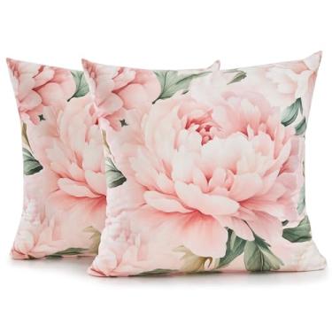 Imagem de WEPTIV Conjunto de 2 capas de almofada floral rosa 50 x 50 cm, capas decorativas de almofada de flor de peônia, capas de almofada de veludo macio holandês para casa de fazenda, sofá-cama, decoração de