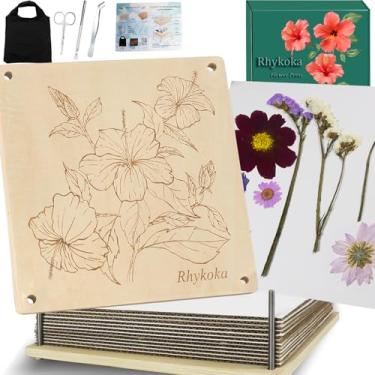 Imagem de Rhykoka Prensa de flores grande, 11 x 11 polegadas (28 x 28 cm) 10 camadas kit de prensagem de flores de madeira para adultos com bolsa de armazenamento, ótimo presente para amantes de flores DIY (de