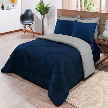 Imagem de Kit Edredom + Jogo De Lençol Aconchego Look House Dupla Face Casal King 06 Peças - Azul E Cinza