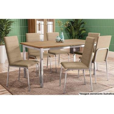 Imagem de Mesa De Sala Jantar Reno C- Tampo Madeira 160cm + 6 Cadeiras Amsterdã Cromada - Assento Capuccino 31 - Kappesberg