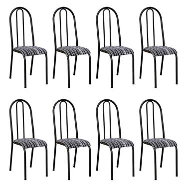 Imagem de Kit 8 Cadeiras De Cozinha Flórida Estampado Preto Listrado Pés De Ferro Preto