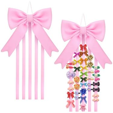 Imagem de Weysat Suporte de laço rosa grampos de cabelo organizador de pendurar armazenamento decoração de pendurar laços de cabelo acessórios de armazenamento com cinco fitas para meninas presente parede