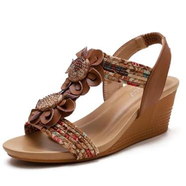 Imagem de NEWBELLA Sandálias femininas Boho Strass de plataforma baixa - Sandálias confortáveis e elegantes de verão com bico aberto para casamentos e festas na praia, Marrom, 37