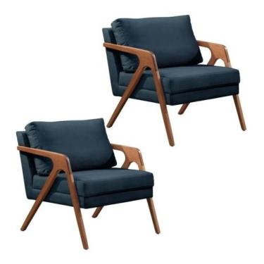 Imagem de Kit 2 Poltronas Decorativa Mona  Madeira Maciça-Veludo Azul - Da'tela 
