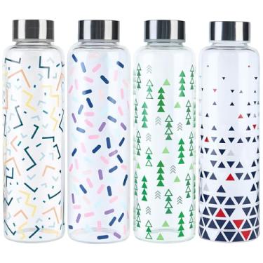 Imagem de AFK Tech Garrafas de vidro de 510 g com designs estampados elegantes – Conjunto de 4 garrafas de água e suco reutilizáveis, à prova de vazamento, herméticas, seguras para lava-louças