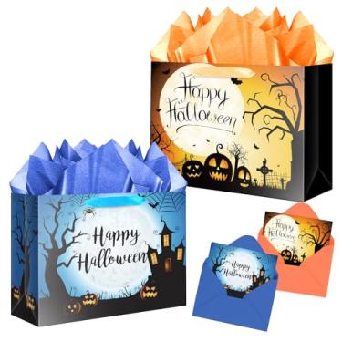 Imagem de JWSCYSY Pacote com 2 sacos de presente de abóbora de dia das bruxas de 32 cm com cartão e papel de seda, grandes sacos de presente para lembrancinhas de festa de crianças e adultos (azul, laranja)