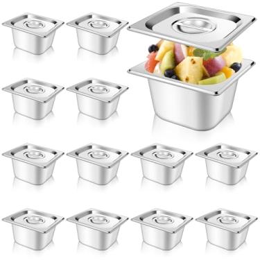 Imagem de Conjunto de 12 frigideiras de hotel de aço inoxidável tamanho 1/6 com tampas, panela de vapor de profundidade de 10 cm, tampa de panela de comida com alça para armazenamento de alimentos, metal