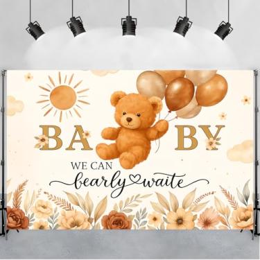 Imagem de ANNA QUEEN Pano de fundo para chá de bebê Teddy Bear 2,1 x 1,5 m para fotografia, revelação de gênero de bebê, fundo de festa infantil de tecido macio